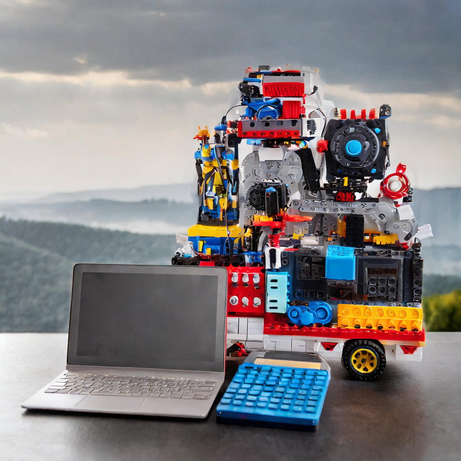 a laptop next to a crazy STEM toy